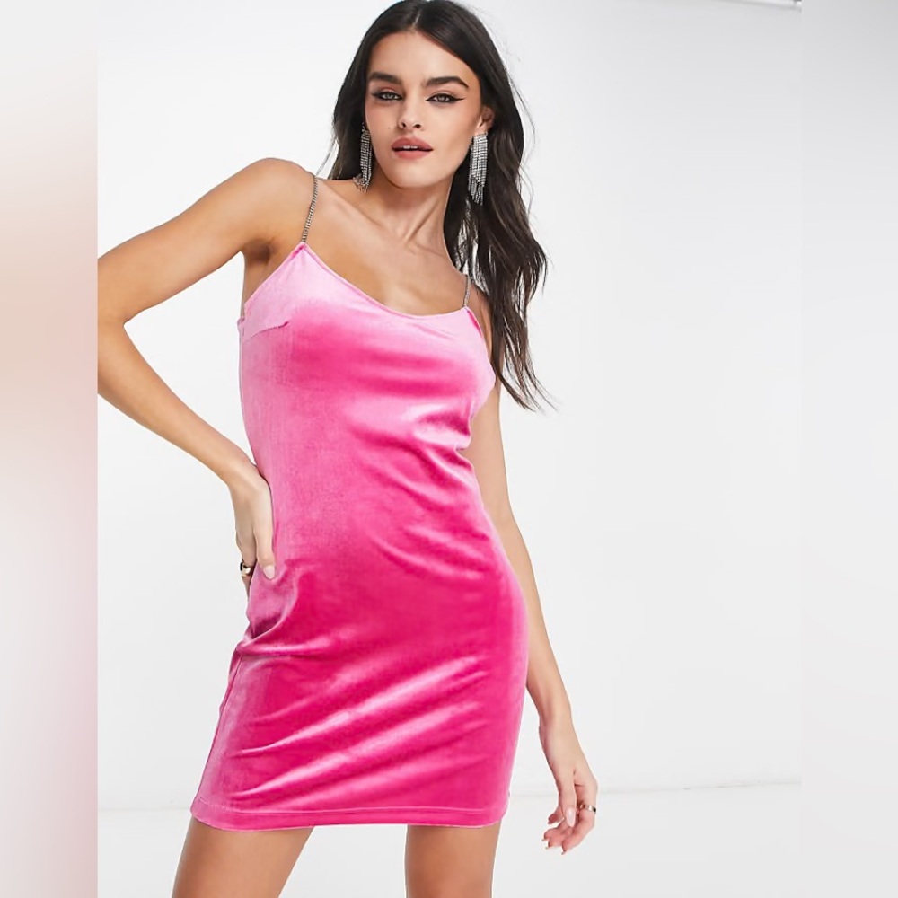 Mango Fuchsia Crushed Velvet Dress with Rhinestone Detail